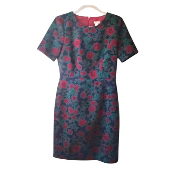 J CREW Factory Blue Burgundy Floral Print Short Sleeve Sheath Dress Sz 4 - Picture 1 of 5